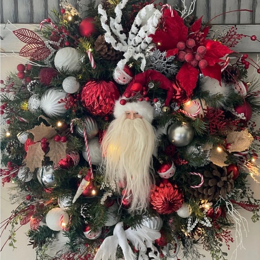 FINAL PRICE One of a Kind Red white and silver Santa Claus Christmas wreath XL